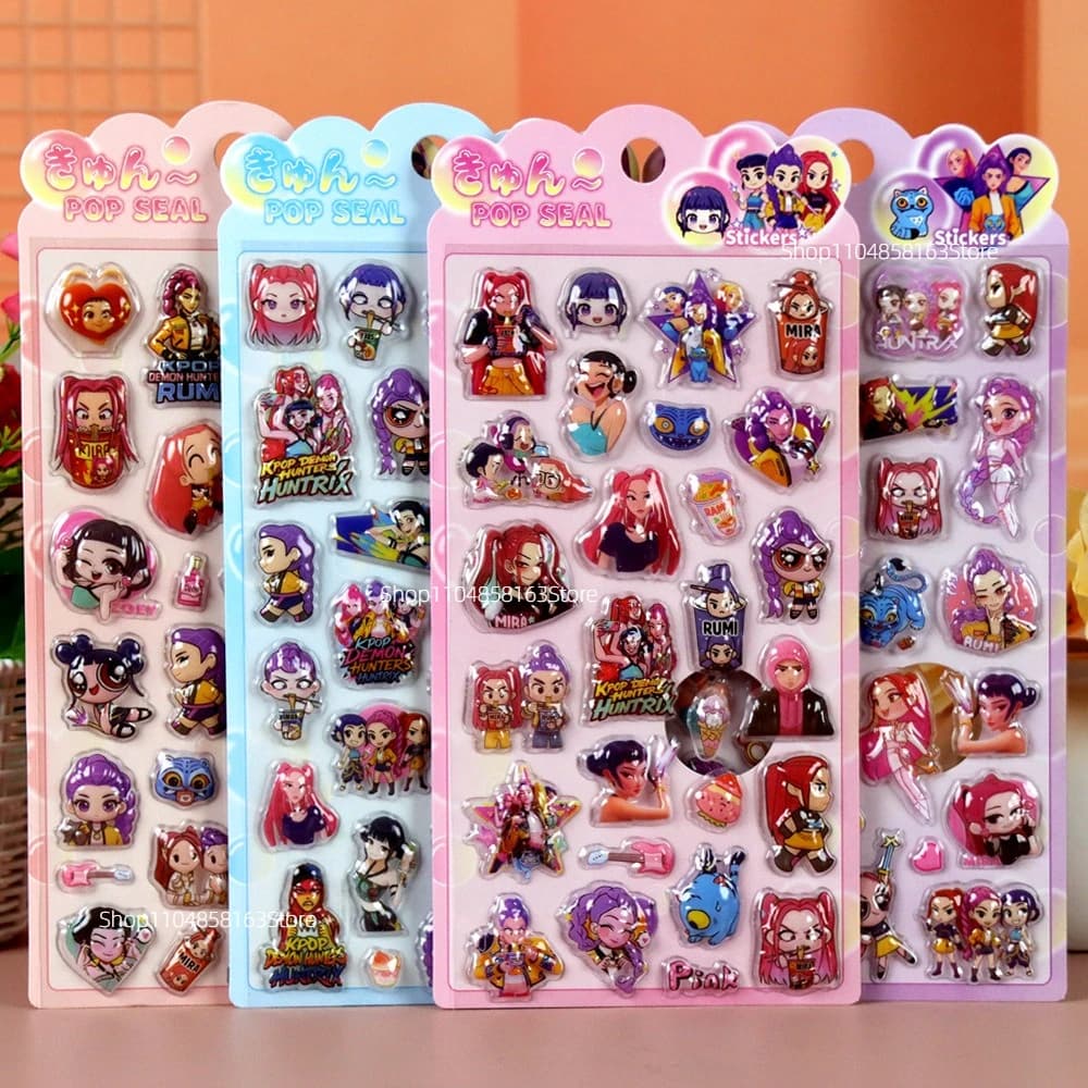 4 pezzi simpatico cartone animato Kpop Demon Hunter adesivi in rilievo 3D Kawaii Anime Bubble decalcomanie bagagli telefono notebook adesivo ricompensa giocattolo regalo