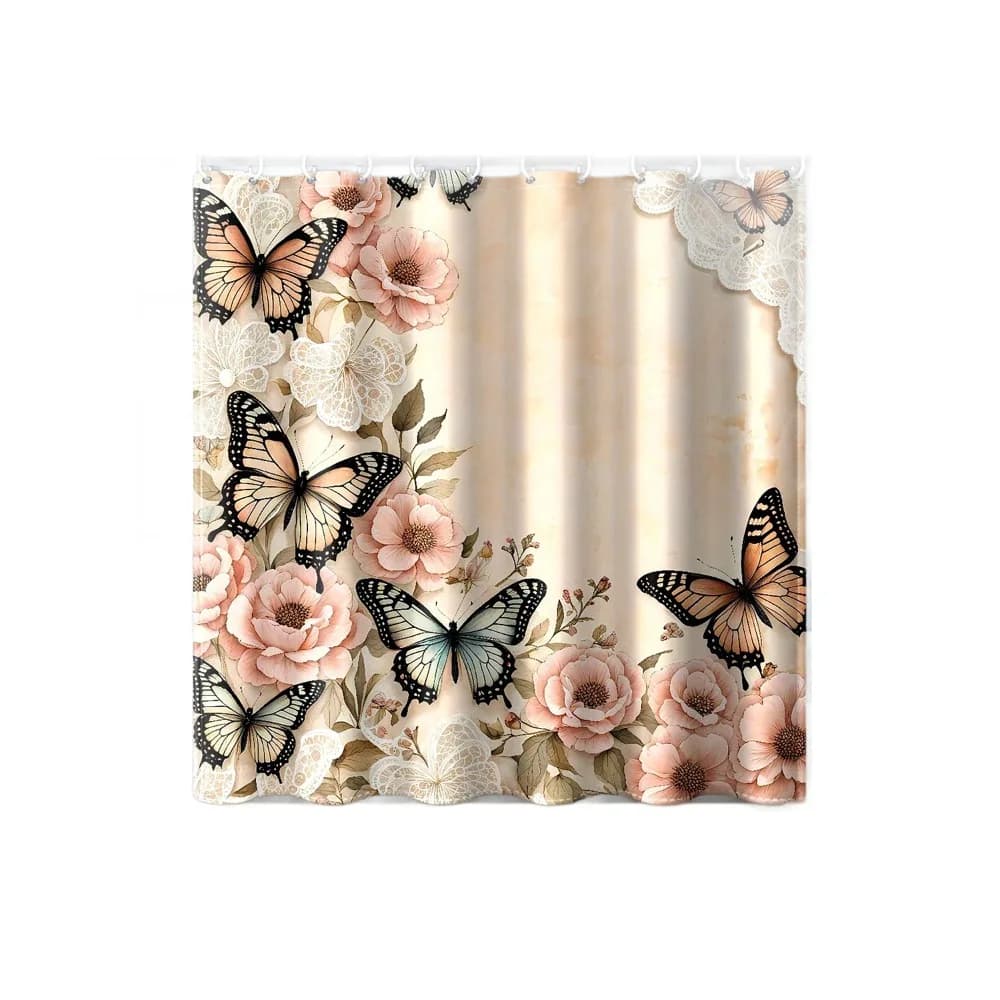Tenda da Doccia Moderna con Stampa Floreale e Farfalle Rosa, Lavabile, con Ganci e Occhielli in Metallo, Impermeabile