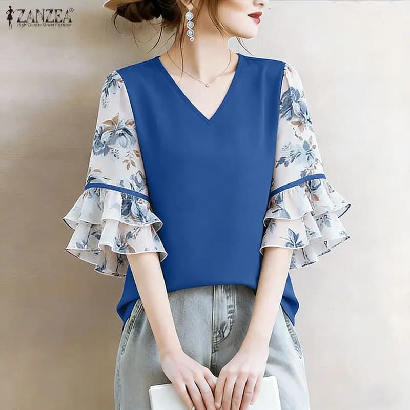 Camicette eleganti da donna con stampa floreale e patchwork, maniche a 3/4, scollo a V, top larghi ZANZEA, bluse casual estive da donna
