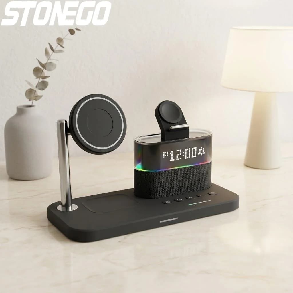 Base di Ricarica Wireless 15W 5 in 1 con Orologio, Caricatore Magnetico per iPhone, Samsung Galaxy, AirPods e Apple Watch