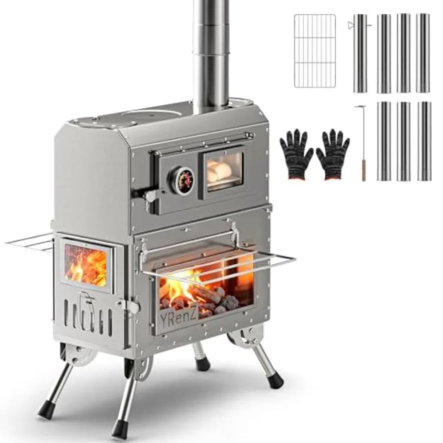 Stufa da Campeggio 2-in-1 con Forno in Acciaio Inox, Fornello ad Alta Temperatura con Porta in Vetro e Piedini Antiscivolo, Accessori Completi