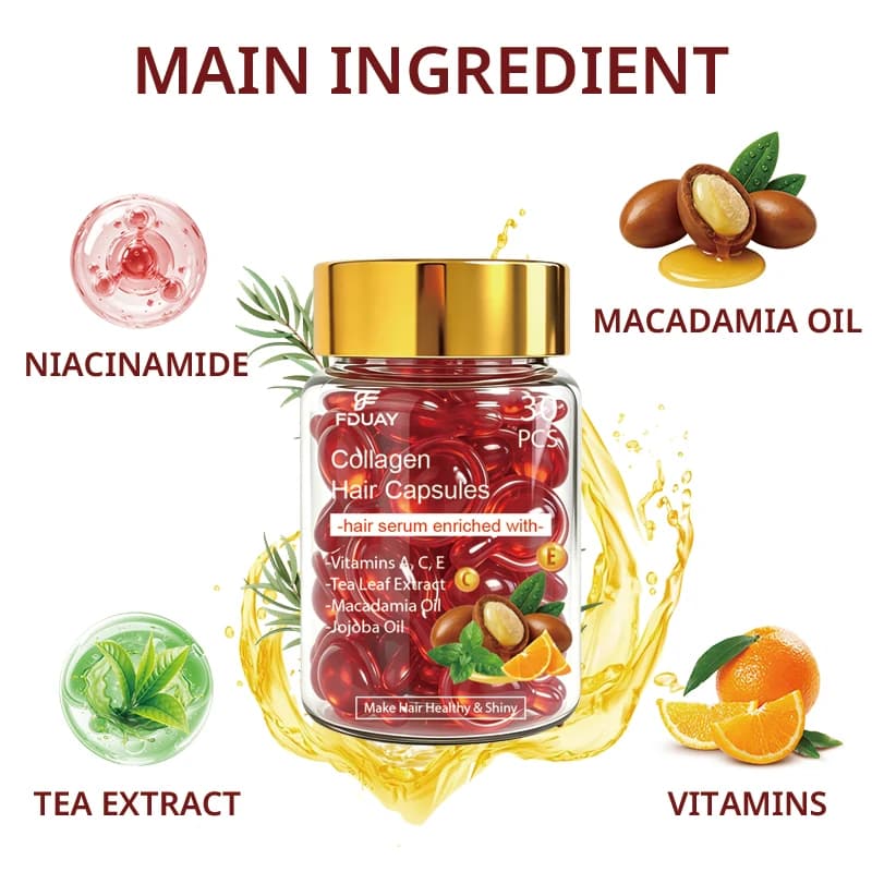 FDUAY Collagen Hair Serum Capsules with Vitamins a C E Tea Extract Macadamia & Jojoba Oil for Deep Nourishment of Dry Hair