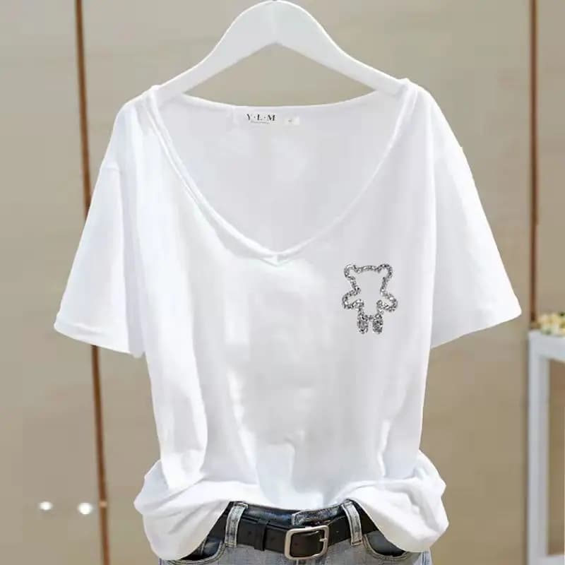 98% T-shirt in cotone da donna T-shirt a maniche corte allentate Estate 2025 Tendenza T-shirt sottile Moda Casual Tshirt Orso carino Abiti di design