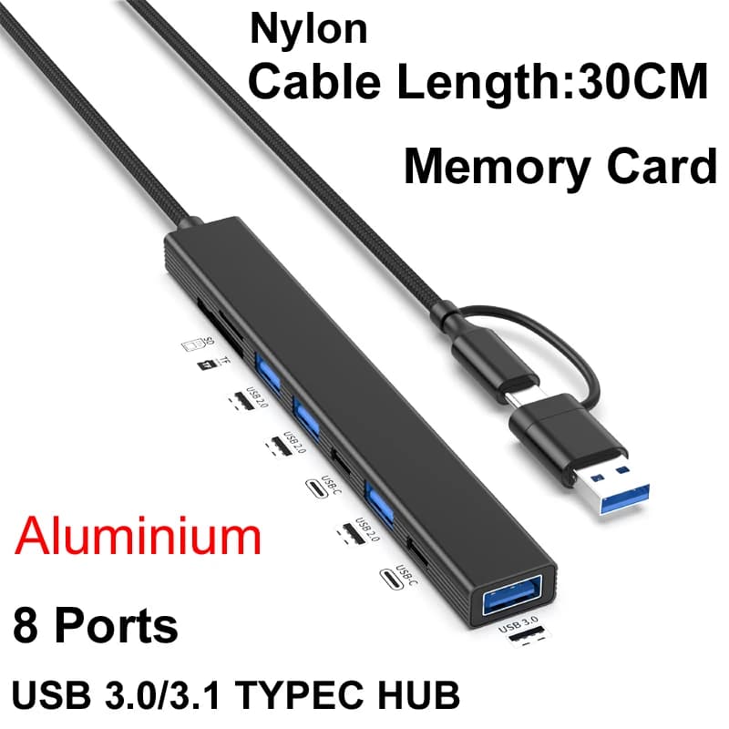 Lettore di schede SD TF HUB USB 2.0/3.0/TYPE-C 3.1 a 8 porte in alluminio per disco rigido mobile stampante altoparlante del telefono mouse tastiera USB