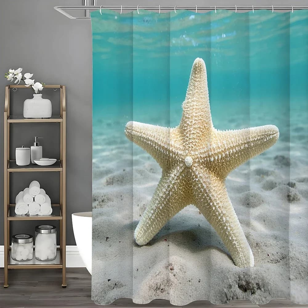 Tenda da doccia Ocean Beach Starfish, tenda da doccia decorativa per bagno, tenda da doccia impermeabile con ganci