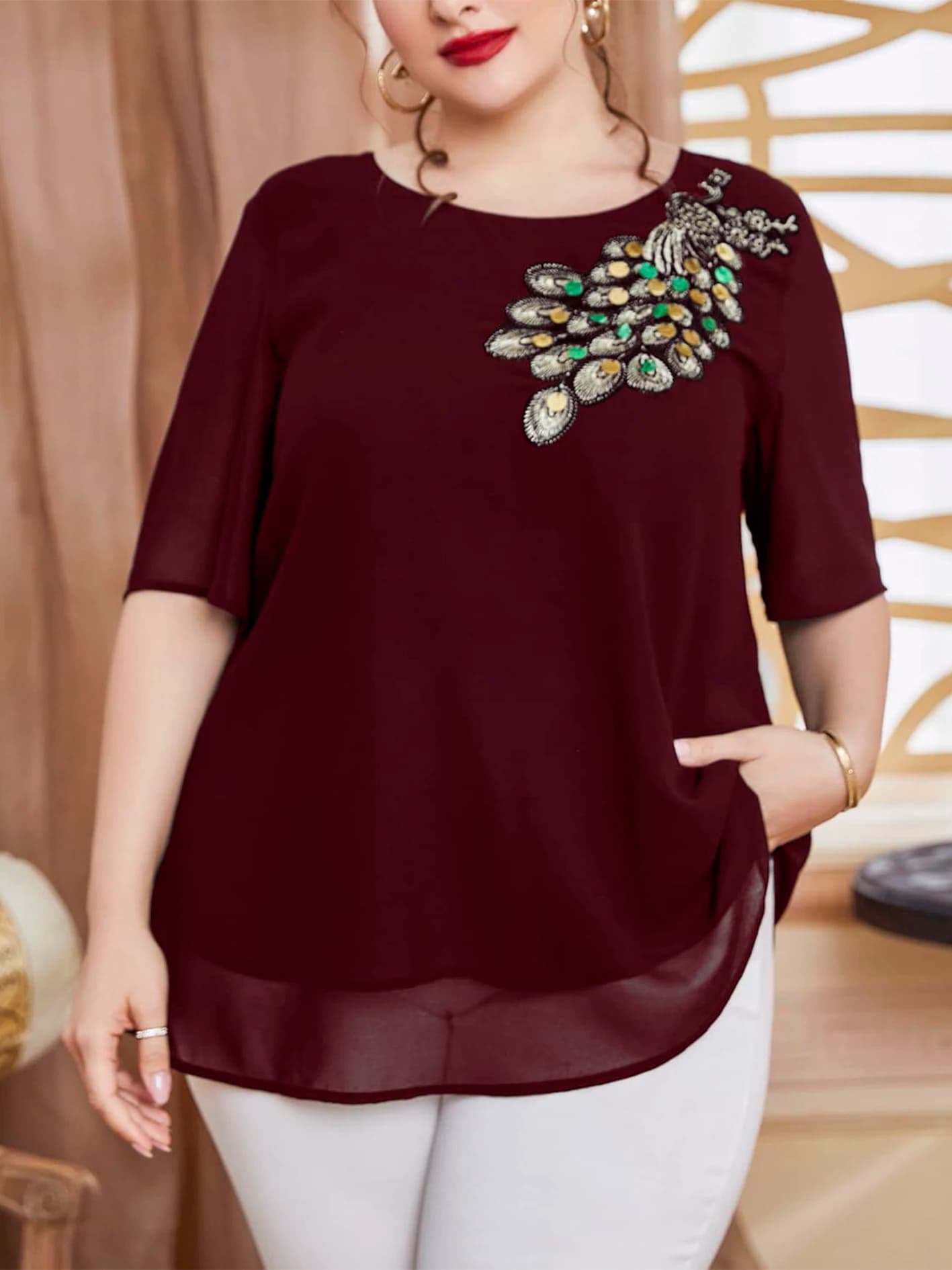 Women's Embroidered Top Studs, Short Sleeved Chiffon Blouse, Elegant Party Clothing
