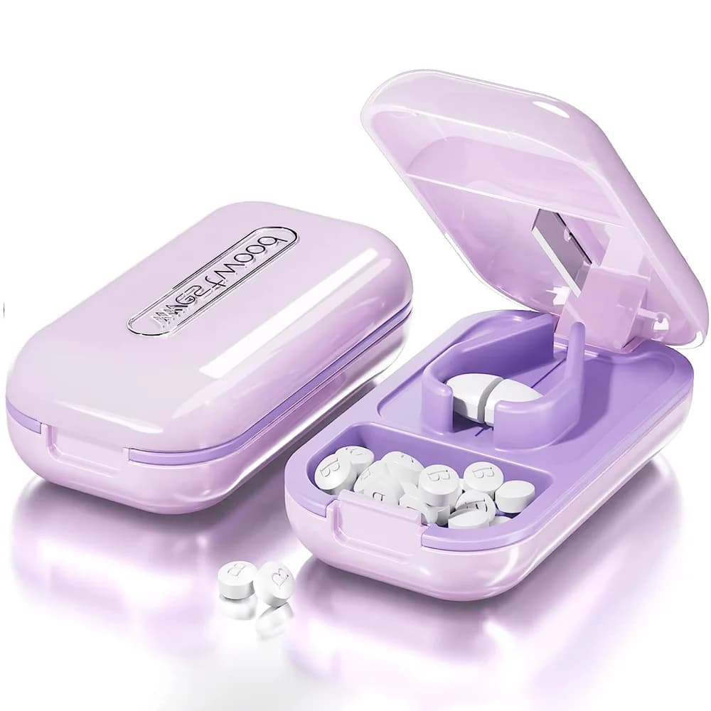 Portable pill holder and crusher for pills divided with ease, perfect for vitamins and tablets, compact and convenient for moving use