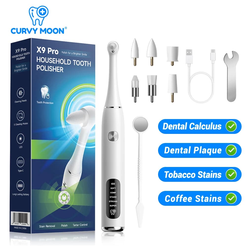 CURVY MOON Household Tooth Polisher Teeth Whitening Deep Cleaning Polishing Brush Dental Scaler Plaque Tartar Stains Removal