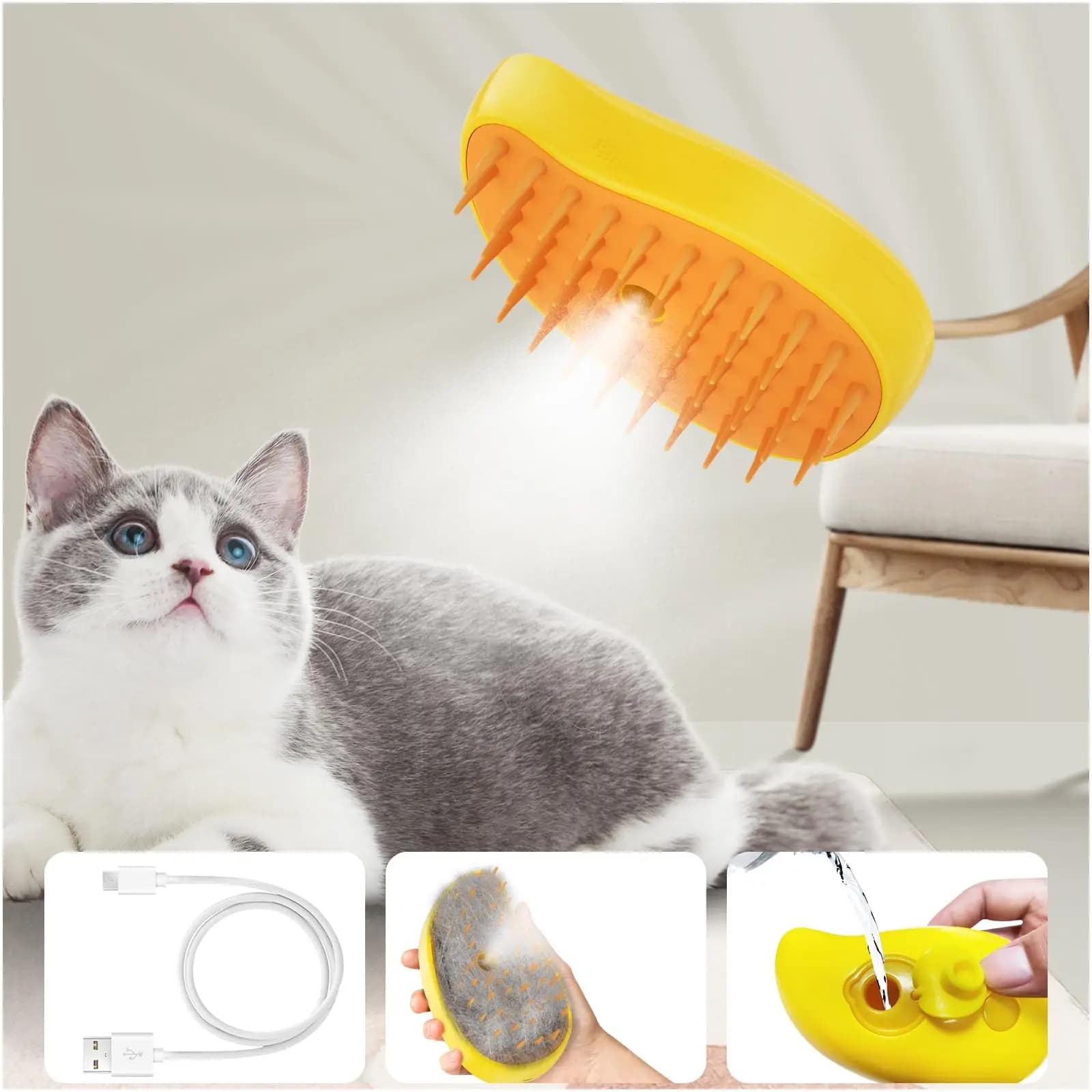 Spazzola per animali domestici a vapore 3 in 1 per cani e gatti-Pettine spray autopulente, depilazione e massaggio-Depilatore elettrico ricaricabile