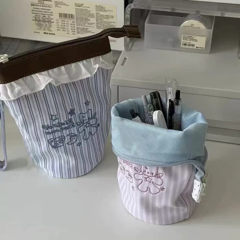 Ins New Cute Stripe Pen Holder Pencil Case Students Large-capacity Pencil Case Storage Bag Can Stand Statione Student Gift