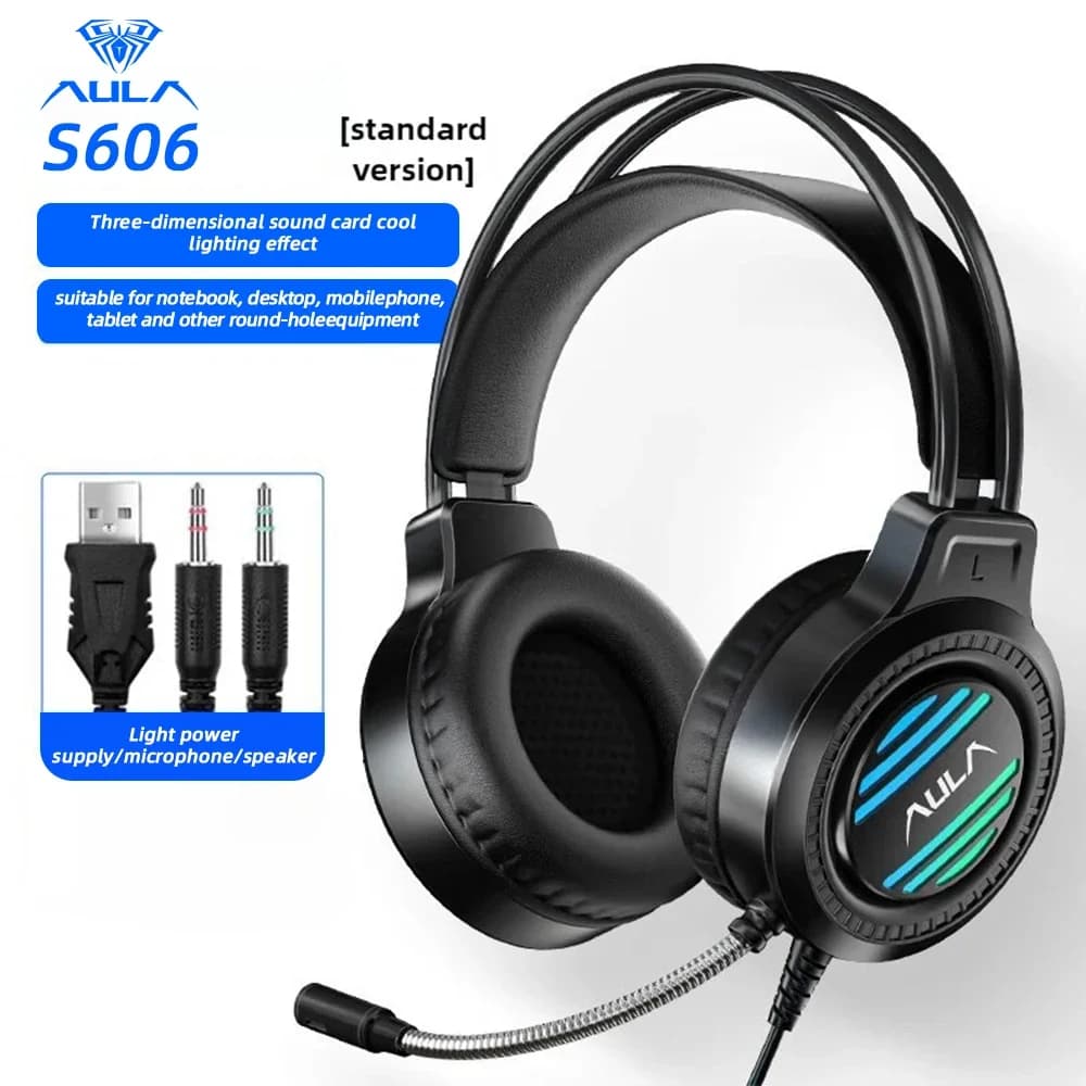 AULA S606 RGB Wired Gaming Headphones Cold Lighting Effects Noise reduction Computer Floating Headband with Microphone for Esports Players