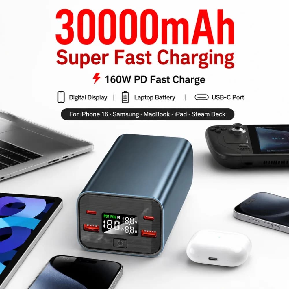 30000mAh PD160W Power Bank Super Fast Charging Digital Display USB-C Laptop Battery Bank for iPhone 16 Samsung MacBook PowerBank