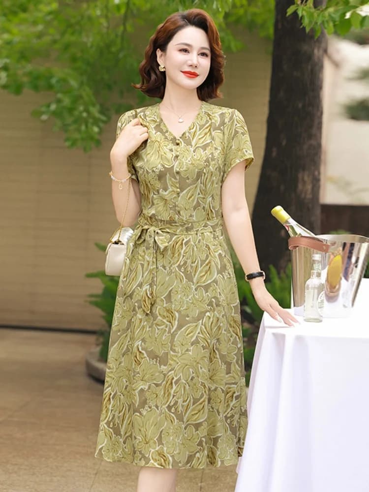 Elegant Short Sleeve Knee-Length Dress for Middle-Aged Women Fashionable Print Slimming V-Neck Commuter Style Polyester Fiber