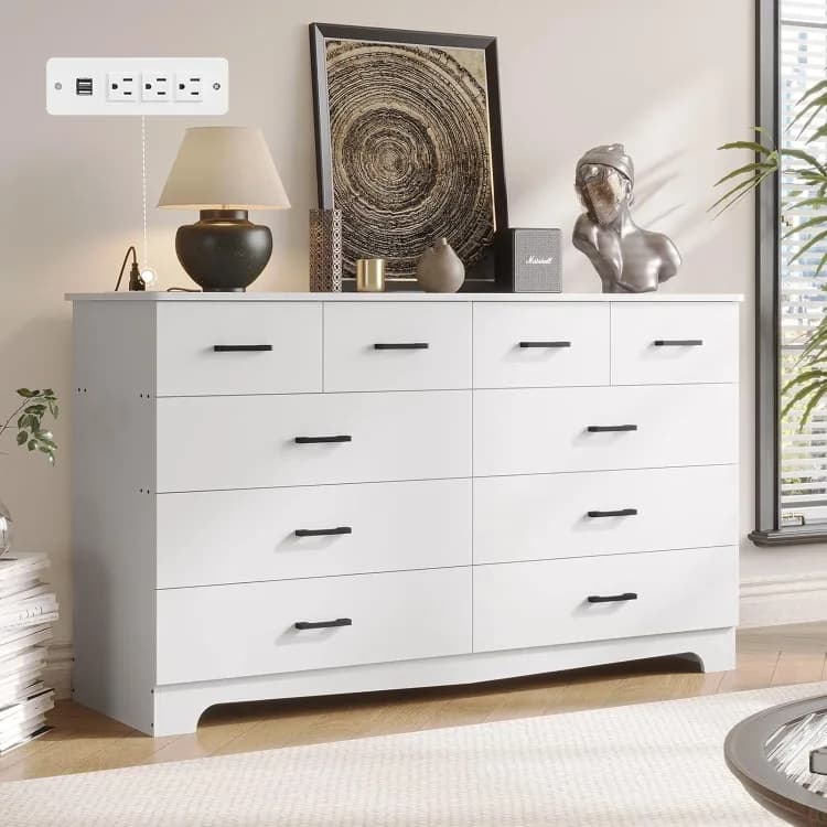 Cassettiera Bianca con 10 Cassetti, Organizzatore per TV con Prese di Corrente, per Camera da Letto e Soggiorno, Personalizzabile