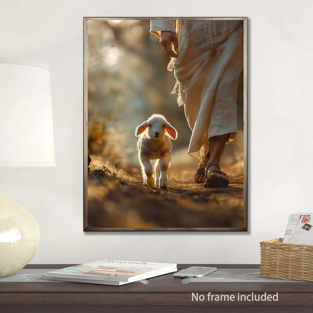 Rustic Warm Tones Canvas Art Print-Lamb and Person Religious Inspirational Series - Frameless Oil Painting Style Poster