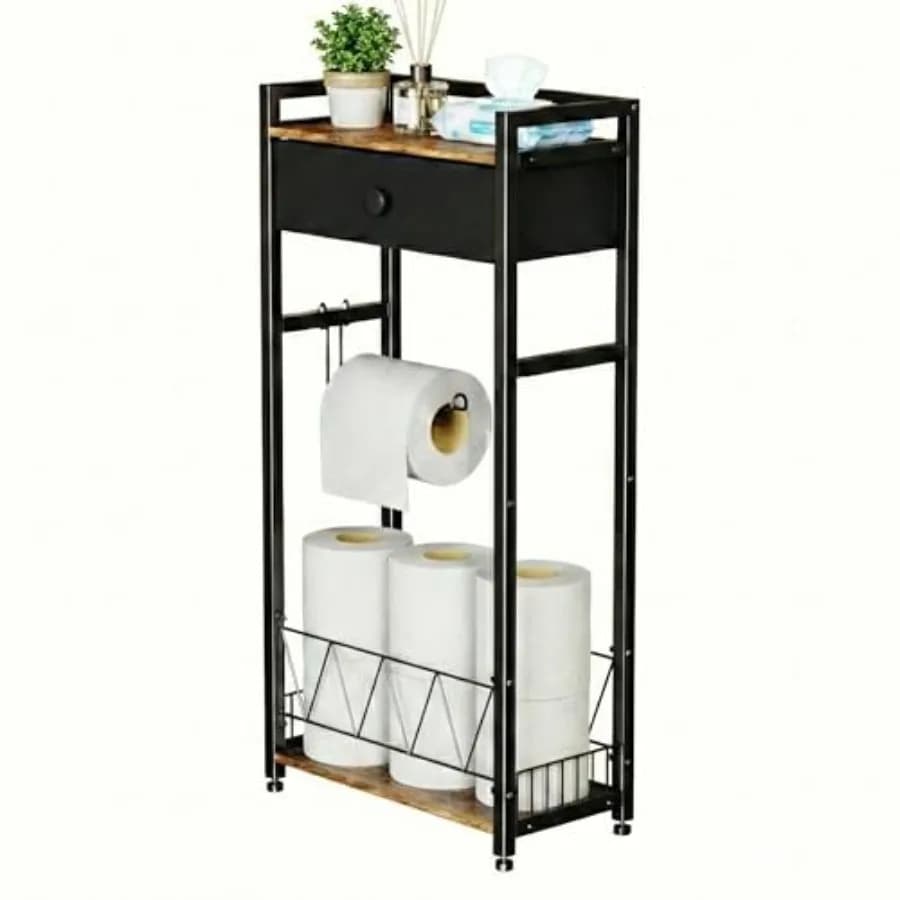 Freestanding Toilet Paper Holder Stand with Storage Drawer, Narrow Bathroom Shelf, Spare Roll Basket, 4-Way Install Paper Arm,