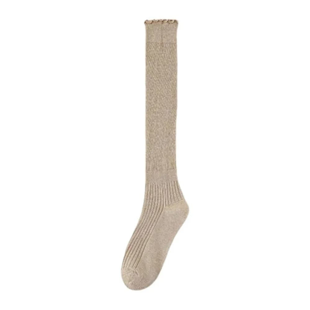 1Pair Fashion Cotton Knee-high Socks Ruffled Edge Solid Color Long Tight Socks Keep Warm Japanese Style Calf Socks Fall Winter