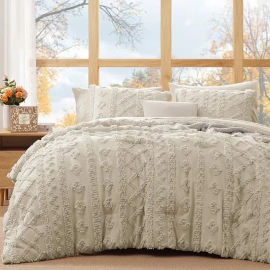 Set Copripiumino con Lenzuola - 7 Pezzi, Set Biancheria da Letto Trapuntata Stile Shabby Chic con 1 Copripiumino, 2 Lenzuola, 2 Federe