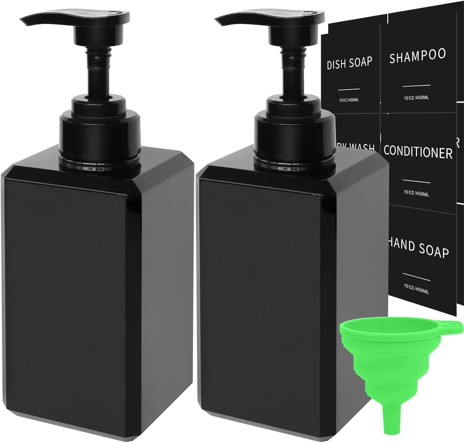 Dispenser di Sapone in Plastica Rinforzata 15oz, Confezione da 2, con Etichette Impermeabili e Imbuto per Cucina e Bagno, per Sapone Liquido e Shampoo