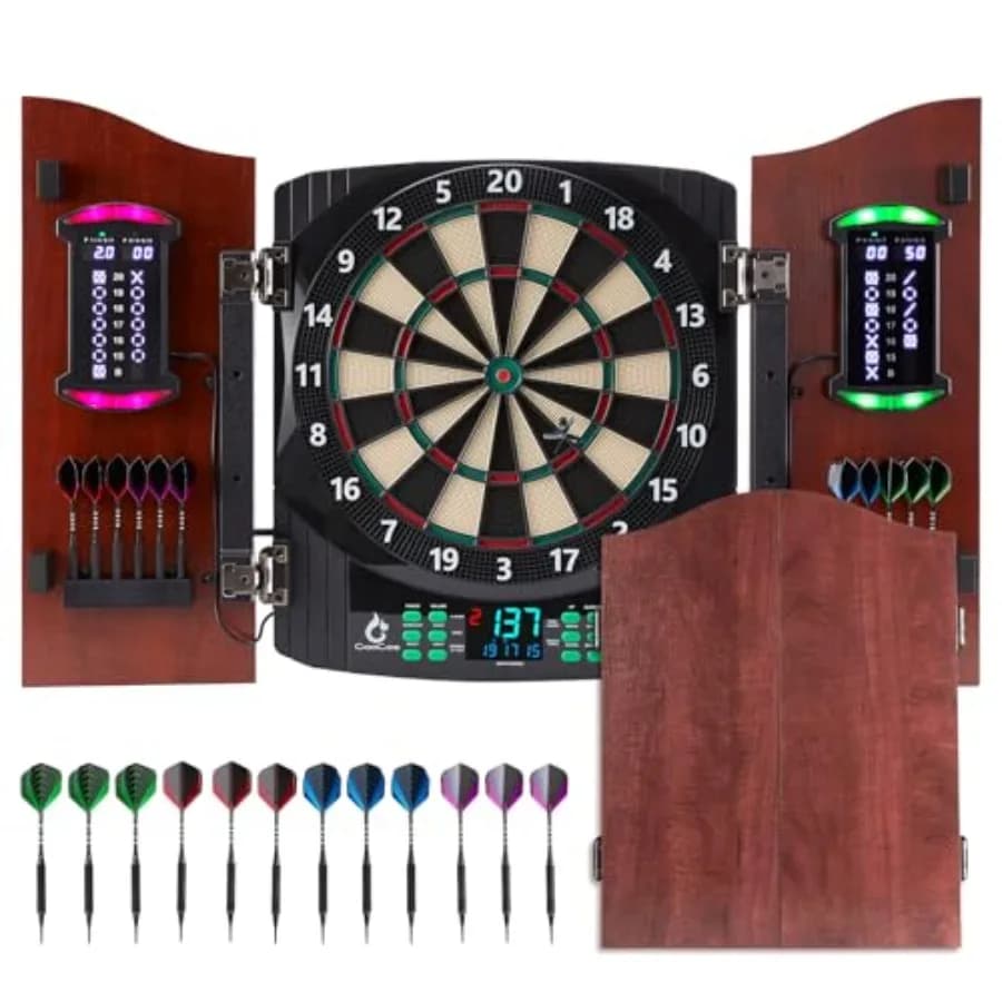 Tavolo da Freccette Elettronico con Porta in Legno, Bersaglio Elettrico con Effetti Sonori e Luminosi, Freccette Digitali con Punte Morbide per il Gioco