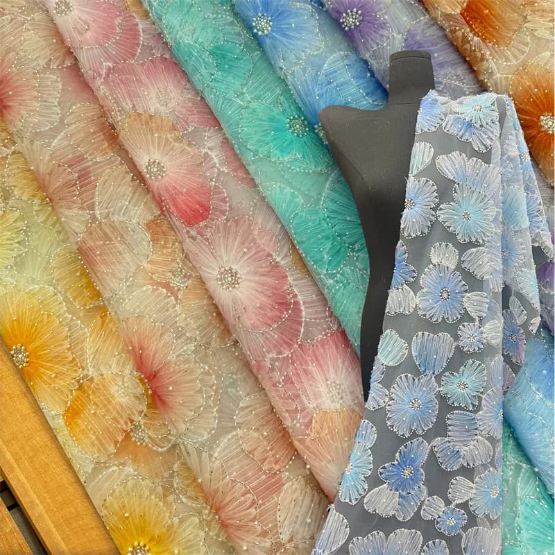 130cm Wide Hot Printed Coiled Embroidery Sequin Beaded Fabric for Wedding Dresses Evening Gowns and Stage Costumes F021