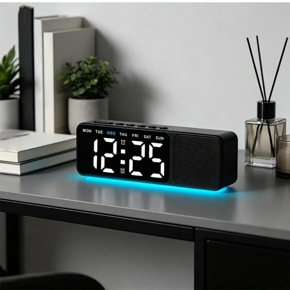 Time / Week / Date Display LED Digital Alarm Clock Dual Alarms Ambient Lighting Bluetooth Speaker with Clock 4 Levels Brightness