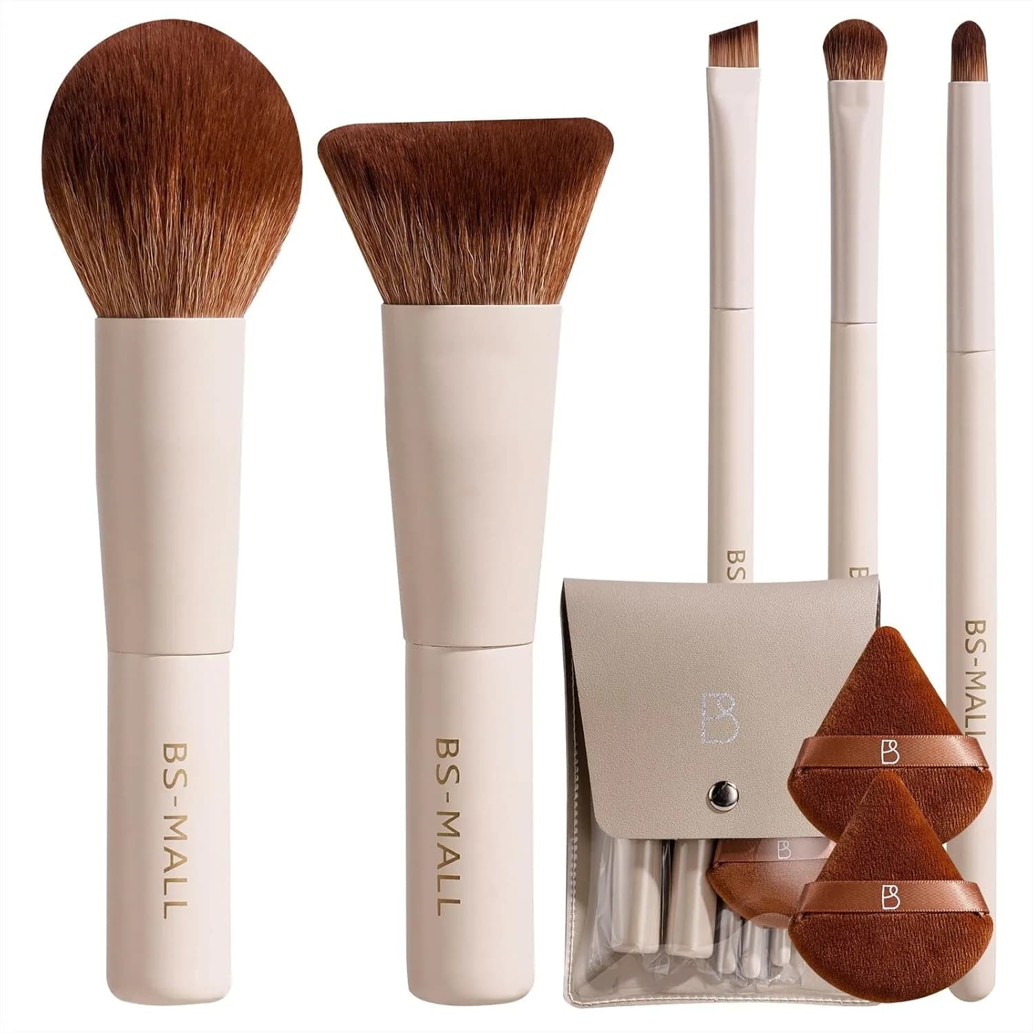 Set di Pennelli da Viaggio per Trucco 7 Pezzi con Spugnetta Triangolare e Borsa Portaoggetti, Pennelli Sintetici Premium per Fondotinta, Cipria, Correttori e Ombretti