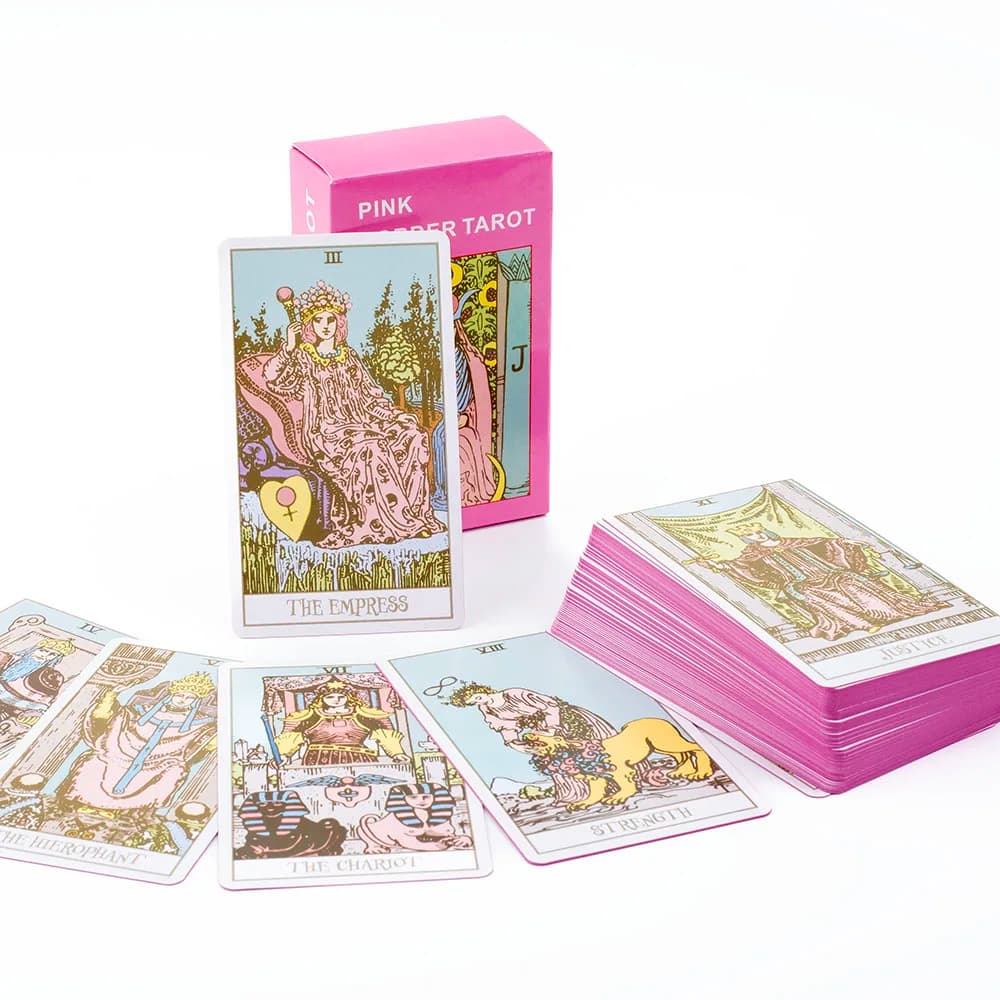 Mazzo di carte dei tarocchi con bordo rosa con guida 78 pezzi Versione inglese Raccolta di famiglia Mazzo di divinazione Carte da gioco da tavolo 10.3 * 6 cm