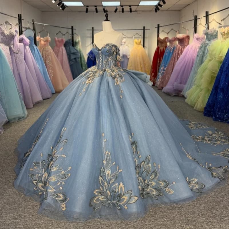 Abiti Quinceanera lucidi blu mare Abito da ballo con spalle scoperte Applique con paillettes Perline di pizzo Corsetto di cristallo Tull Festa di compleanno
