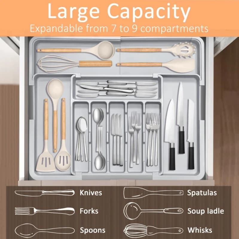 Expandable Organizer for Kitchen Drawers, Grey, 9 Departments, Large Adjustable Plastic Container for Cutters