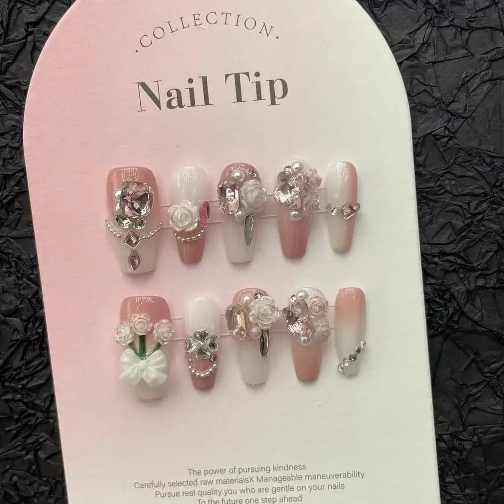 Luxury handmade nail art set with rose and tulip designs sweet princess style removable false nails 66 pcs
