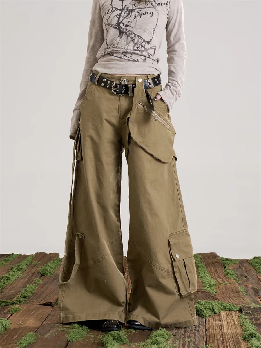 Loose Women's Khaki Wide Leg Pants Multi-Pocket American Workwear Style Floor-Length Trousers Vintage Design Casual Jeans