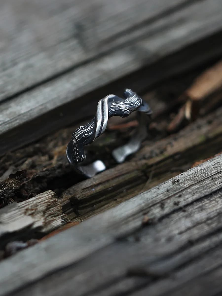 Anello Regolabile in Argento Puro 999 'Drifting Log' Stile Vintage Unisex Gioielli di Moda Personalizzabili con Incisione