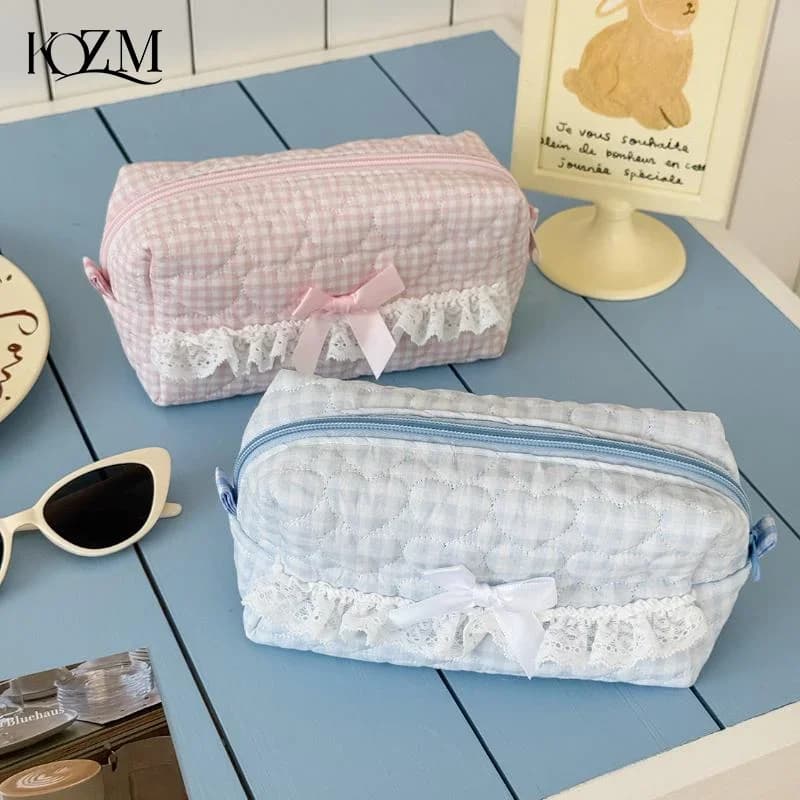 Cute Pink And Blue Checkered Lace Pencil Case Quilted Large Capacity Stationery Organizer For School Office Supplies Stor