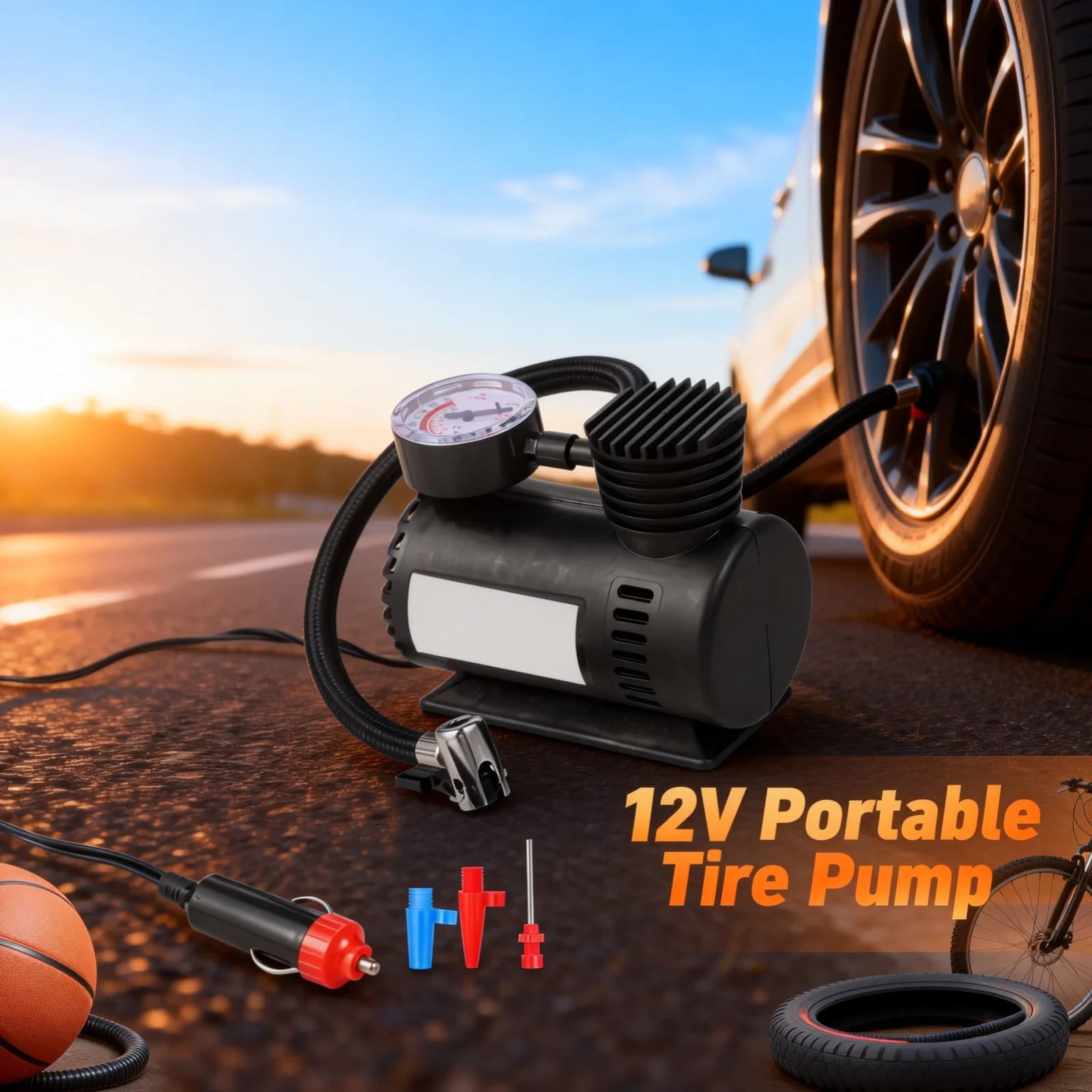 Pompa per pneumatici portatile 12V con manometro digitale Gonfiatore per pneumatici per veicoli per auto Compressore d'aria leggero per basket in bicicletta