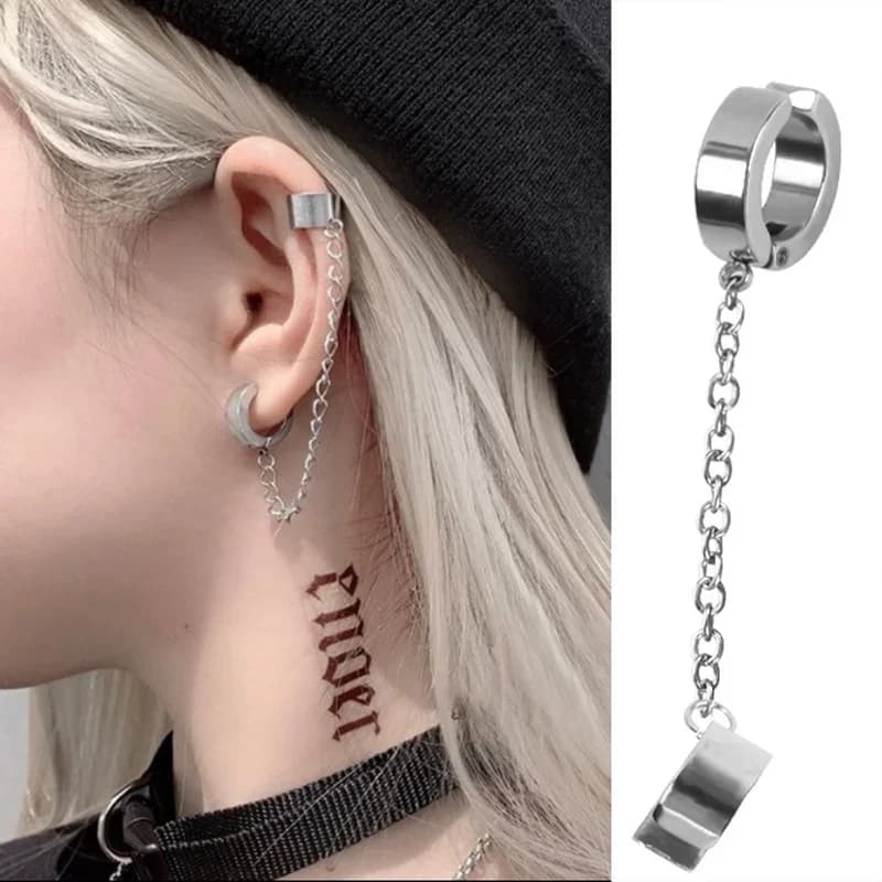 Orecchini a Clip in Acciaio al Titanio con Catena Pendente per Uomo e Donna, Gioielli Punk Rock Goth Cool Hip Hop Kpop per Adolescenti