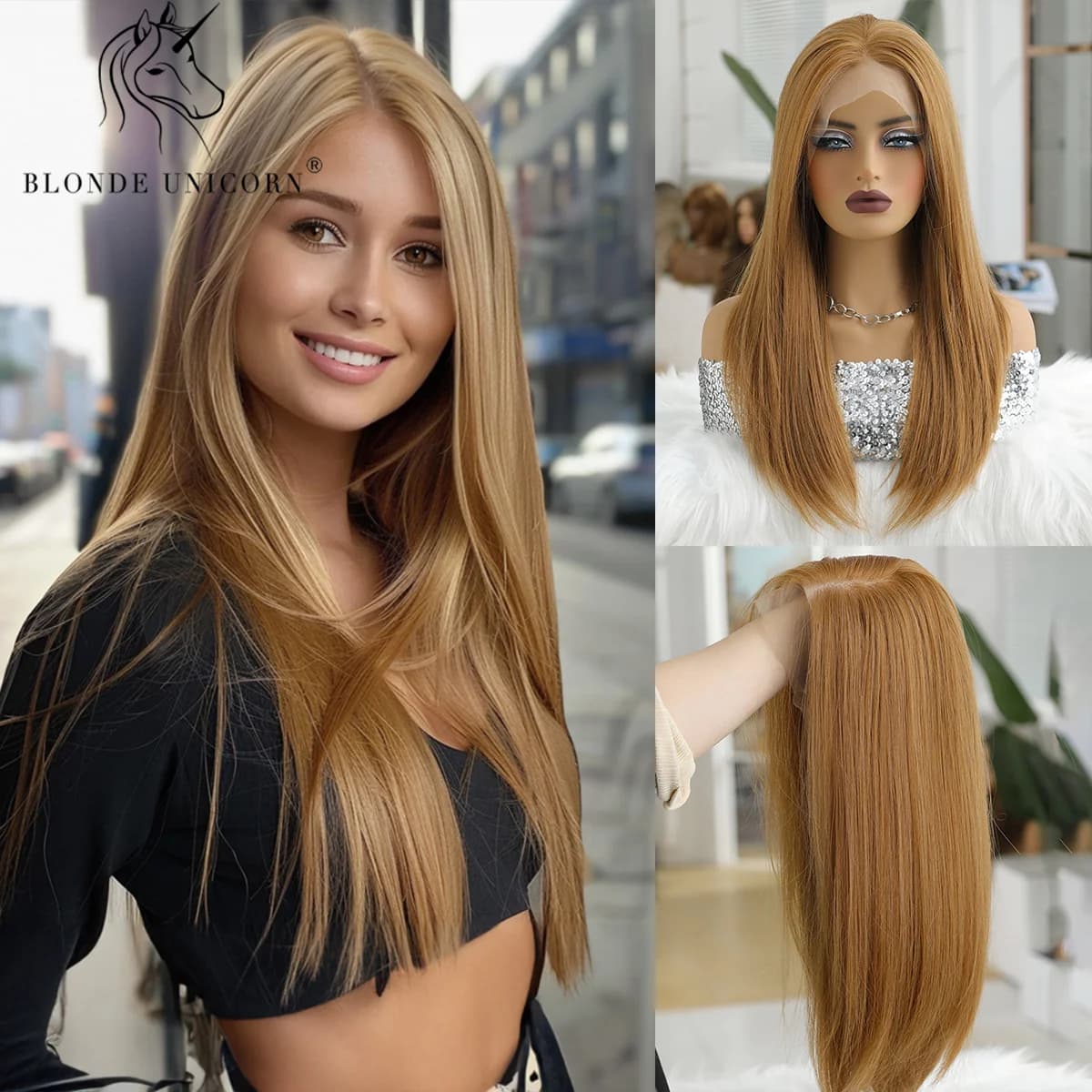 Parrucca anteriore in pizzo 13x6 Parrucche sintetiche per capelli lisci dorati biondi per le donne Uso quotidiano per cosplay per feste Capelli in fibra resistente al calore