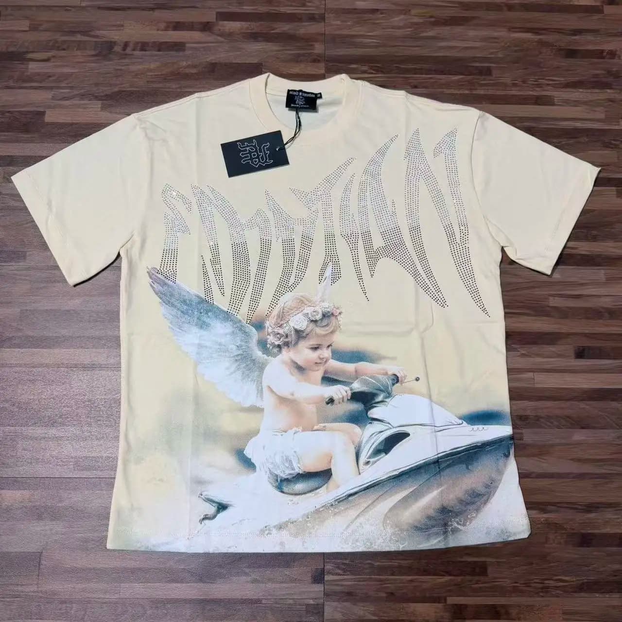Mixed Emotion Angel Print Loose Fit Short Sleeve Cotton T-Shirt Rhinestone Couples Tee Streetwear Citywalk Casual round Neck