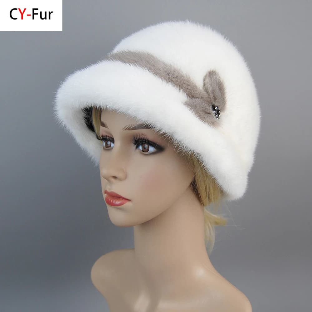 Nuovi Cappelli a Secchiello in Vera Pelliccia di Visone Morbida Lavorata a Maglia per Donna, Collezione Invernale 2026, con Freccia alla Moda, in Pelliccia Naturale di Visone