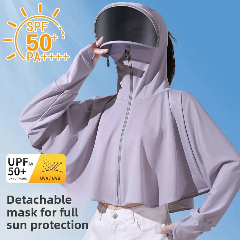 Women's Summer Ice Silk Sun Protection Jacket Lightweight Breathable UV-Blocking Cycling Full Face Mask with Neck Coverage
