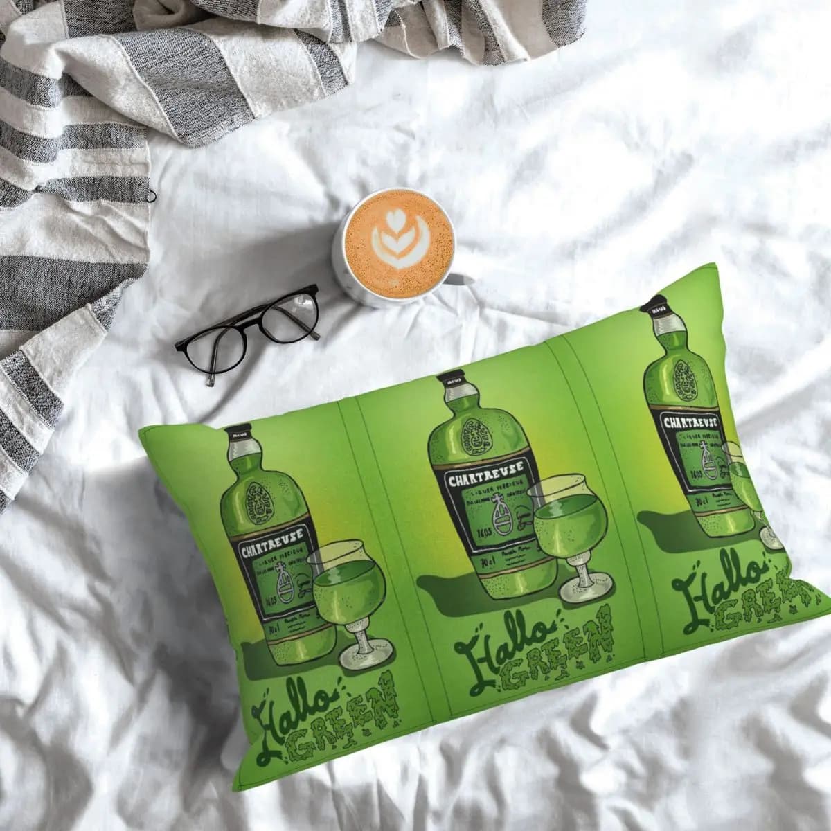 Green Chartreuse Bottle Oil Printed Rectangular Pillow Federation, Bedroom Decoration, Bed, Home, Comfort, Decorative Pillow