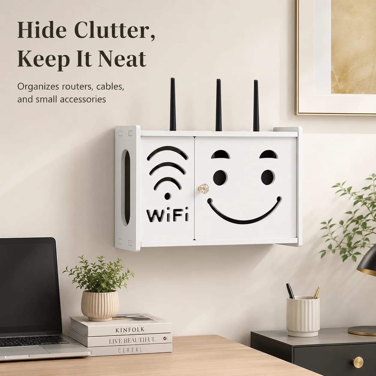 WiFi router protection cabinet, wall mounted modem cable storage box, home wall decoration wire concealment manager