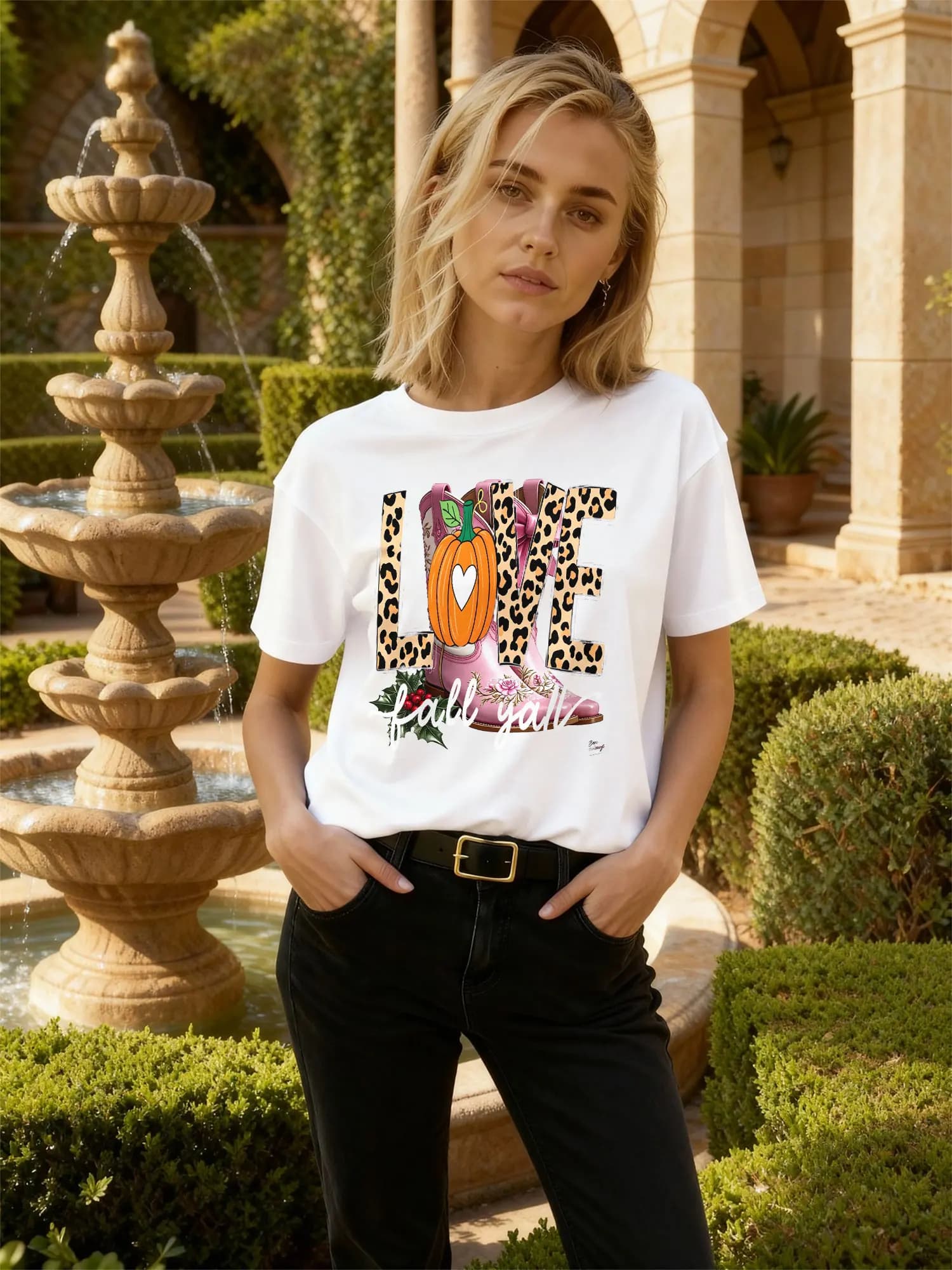 T-shirt girocollo bianca da donna con stampa Love Fall Pumpkin Leopard, casual, per outfit autunnale e feste in giardino