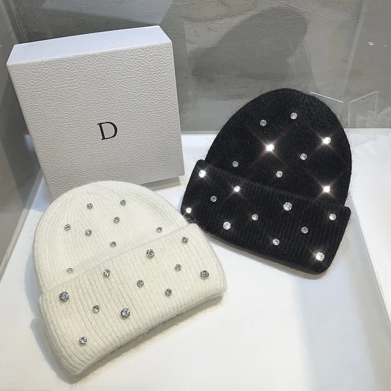 Perline di strass di lusso Cappello lavorato a maglia Donne coreane Pelliccia di coniglio Berretto di lana Skullies Moda invernale Addensato Cofano caldo Beaanies