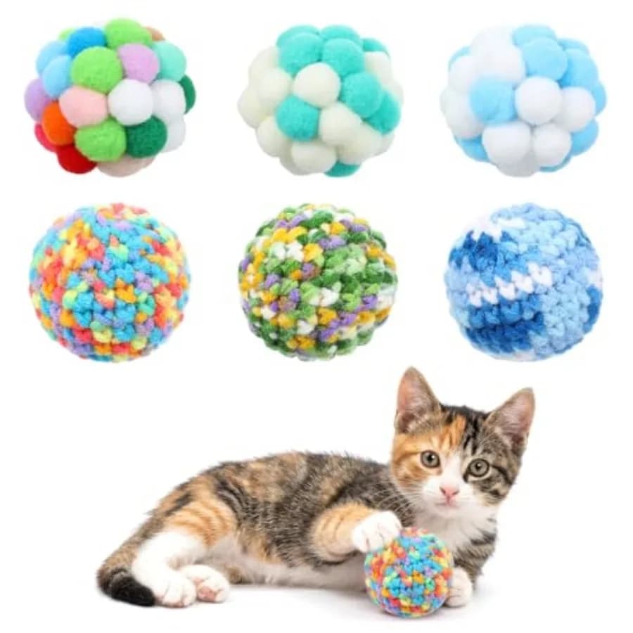 6 Pcs Colorful Cat Yarn Ball with Bell Inside Cat Toys Balls Soft Pom Balls Interactive Kitten Bell Ball for Indoor Outdoor Pla