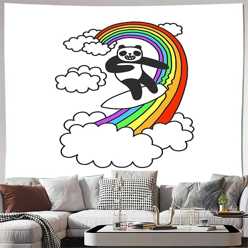 Cute Panda Surfing Rainbow Tapestry Wall Hanging Anime Decor Dorm Room Aesthetic Wall Art Bedroom Living Room Home Decoration Gi