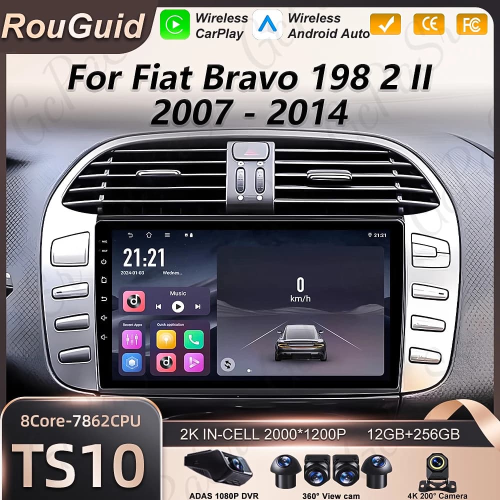 Autoradio Android 16 per Fiat Bravo 198 2 2007 - 2014, Lettore Multimediale con Carplay, BT, Stereo Auto, Schermo 2K, WiFi 5G, Navigazione GPS