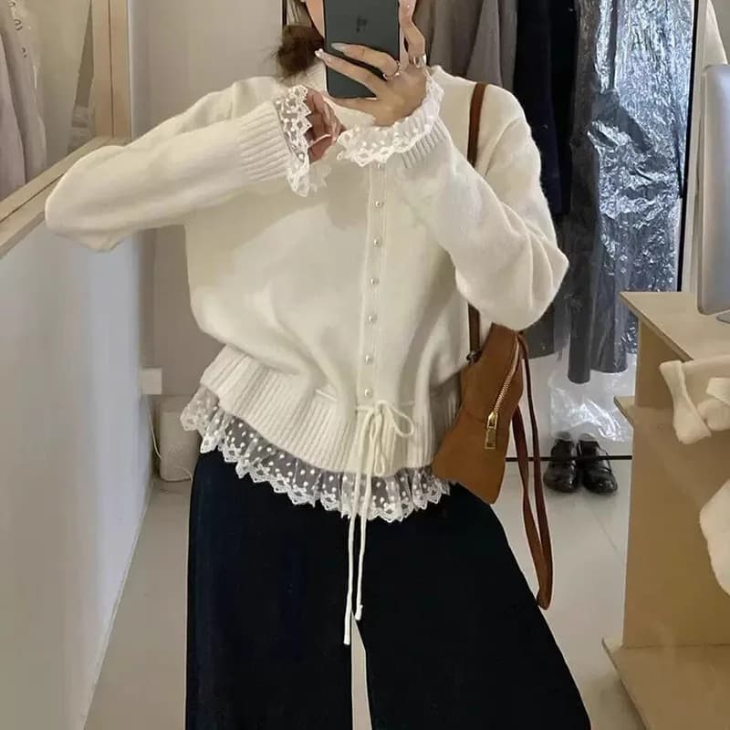 Cardigan con Bottoni di Perle e Inserti in Pizzo, Stile Y2K, Primaverile, Monopetto, Streetwear Casual, Stile Coreano, Maglione Lavorato a Maglia per Donna