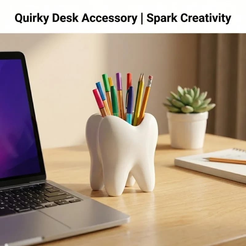 Organizer da Scrivania a Forma di Dente Stampato in 3D per Spazzolini, Trucchi, Penne, Bagno, Scrivania e Decorazione Casa