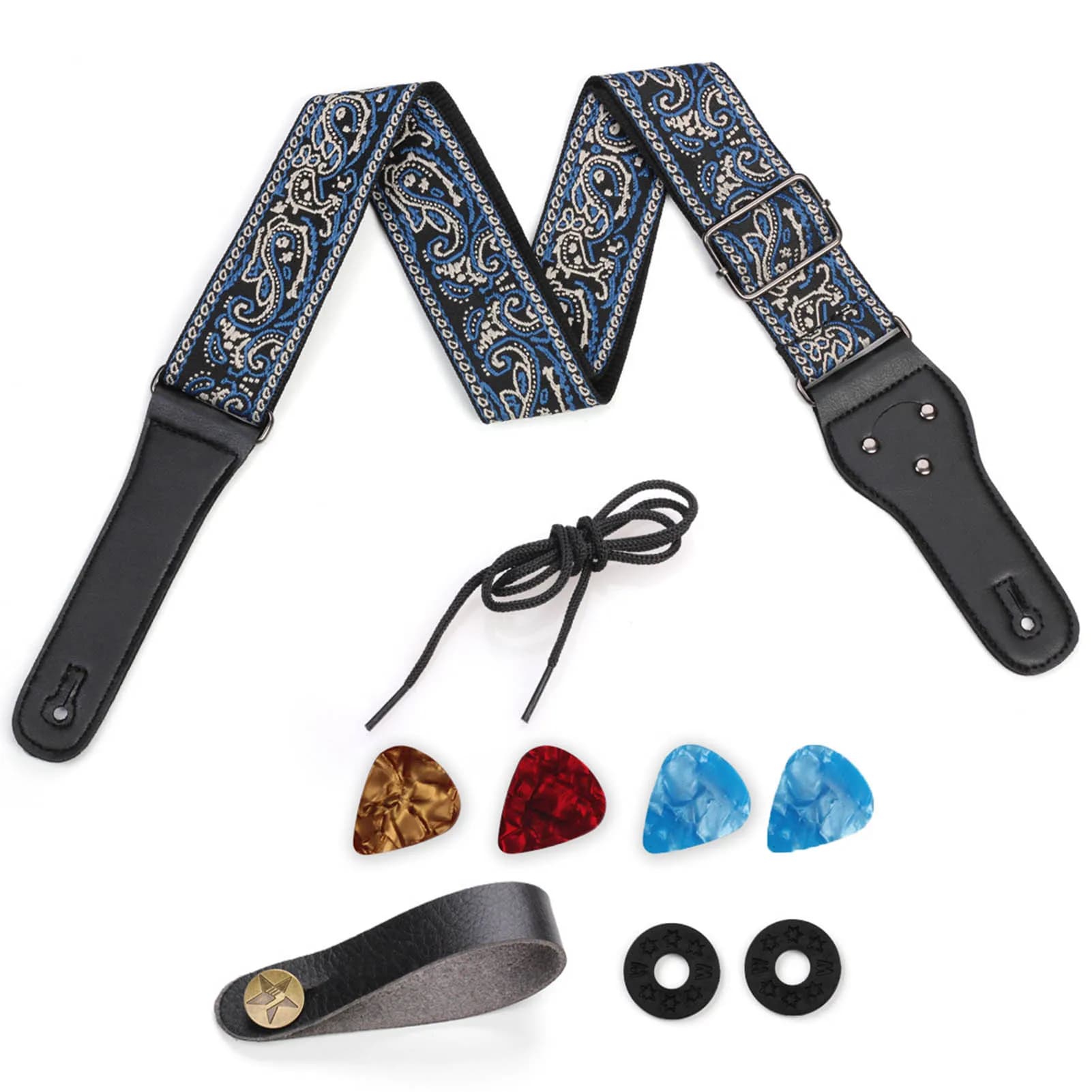 Set di Tracolle per Chitarra Ricamate Blu Grigio Tracolla Acustica Folk Cordino per Chitarra Kit con Fibbia Antiscivolo